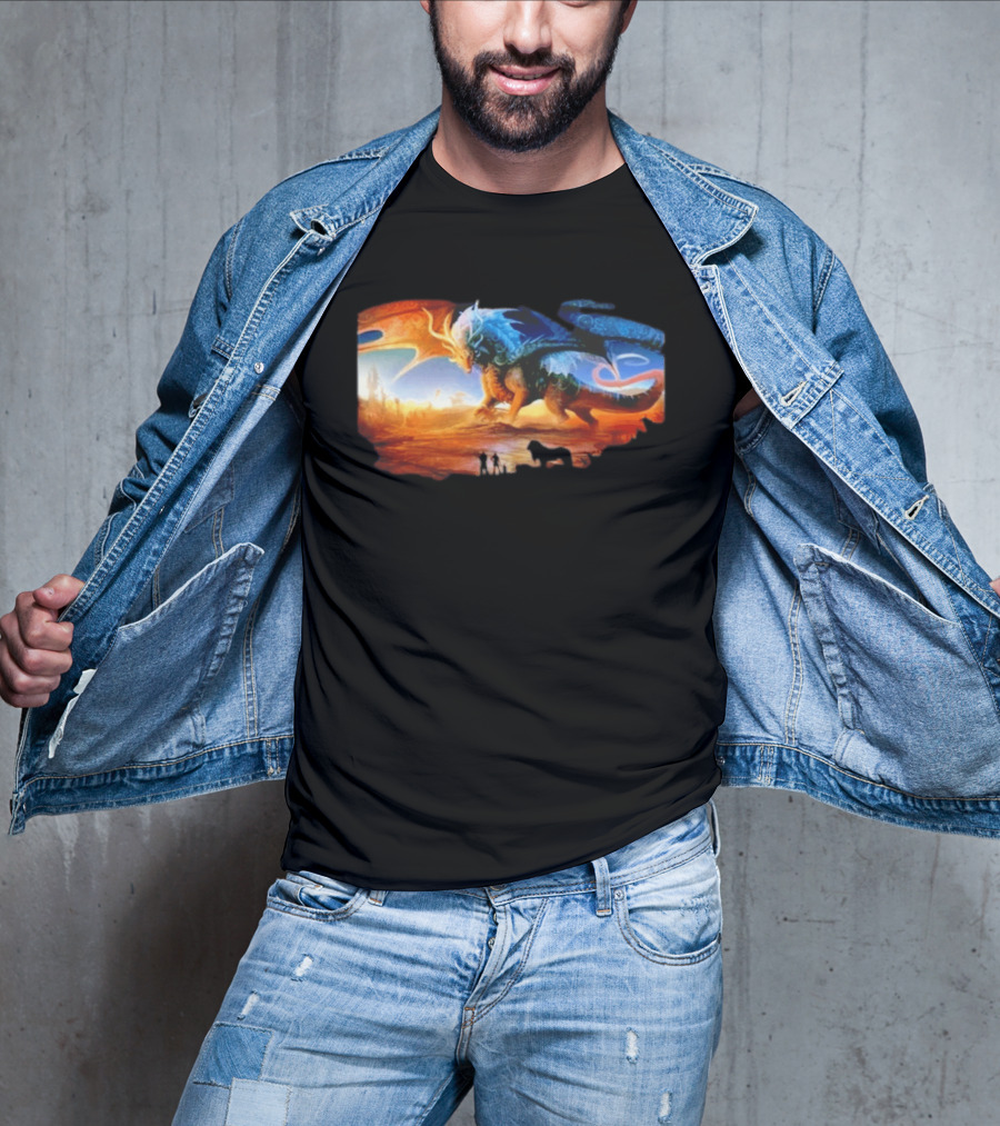 Giant Dragon In Radiant Golden Light With Blue And Orange Wings T-Shirt