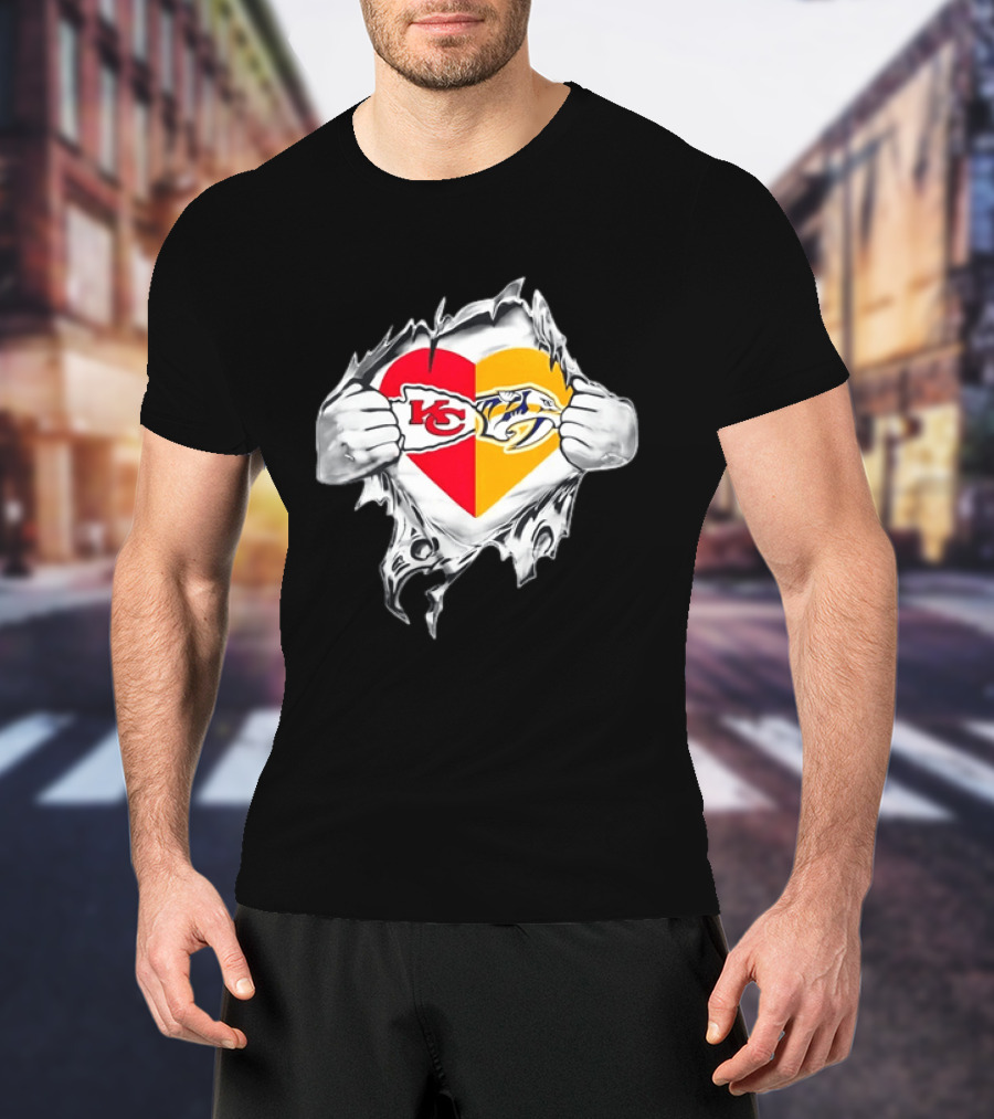 Kansas City Chiefs Nashville Predators Heart Ripping Open T-Shirt