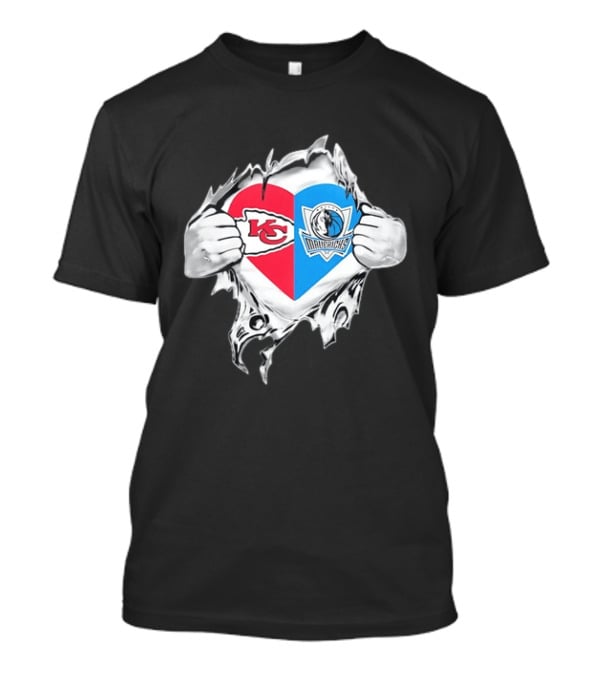 Kansas City Chiefs Dallas Mavericks Heart Ripped Open NFL NBA Crossover Fan Gear T-Shirt