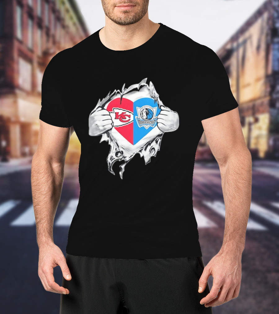 Kansas City Chiefs Dallas Mavericks Heart Ripped Open NFL NBA Crossover Fan Gear T-Shirt