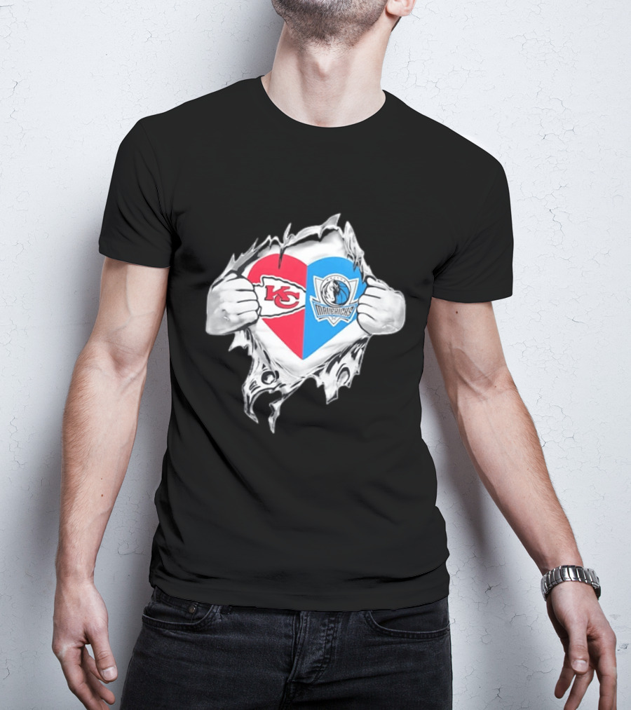 Kansas City Chiefs Dallas Mavericks Heart Ripped Open NFL NBA Crossover Fan Gear T-Shirt