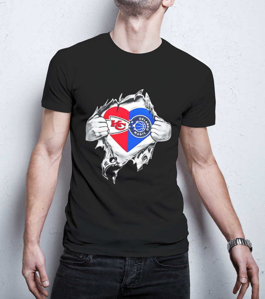 Kansas City Chiefs And Orlando Magic Heart Tear Open T-Shirt