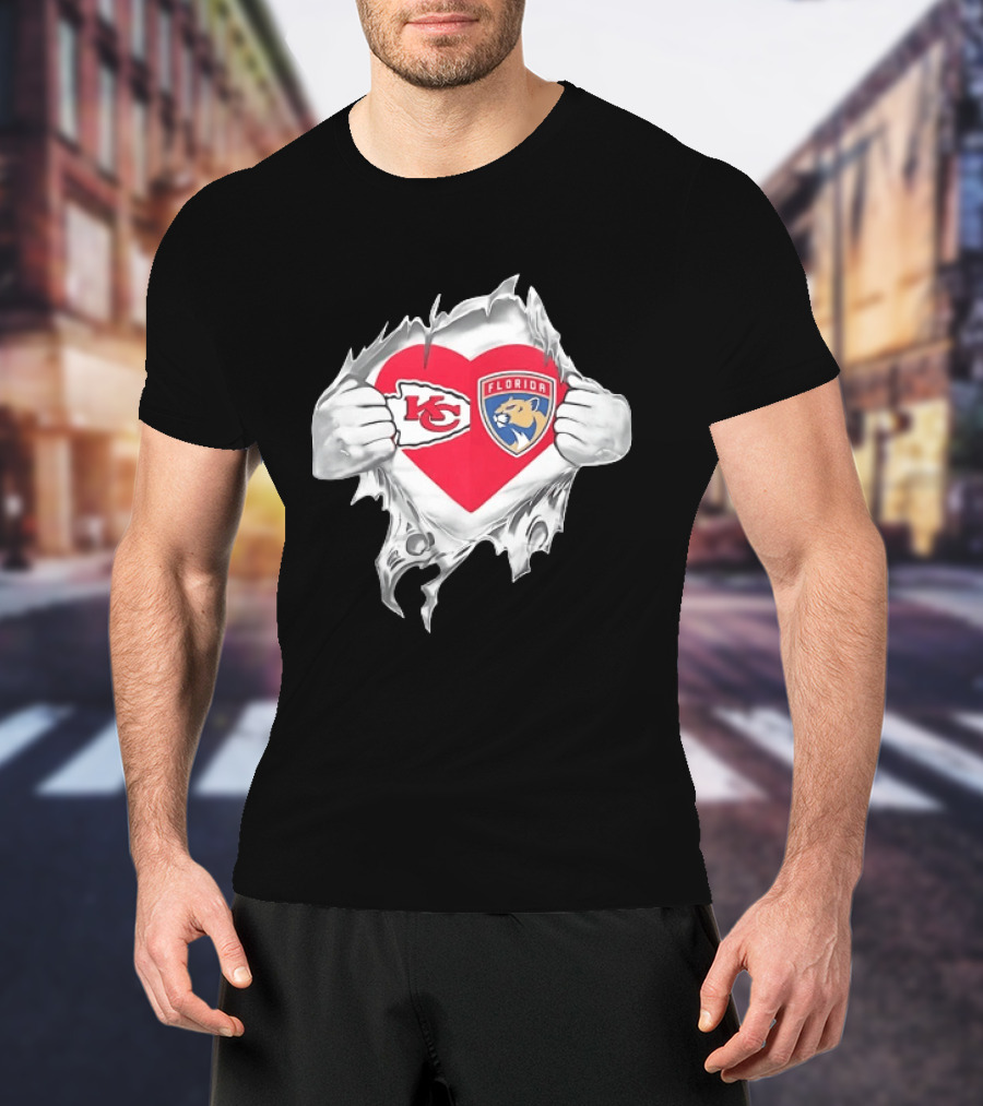 KC Chiefs Florida Panthers Heart Ripped Chest Kansas City NFL Florida NHL Fans T-Shirt