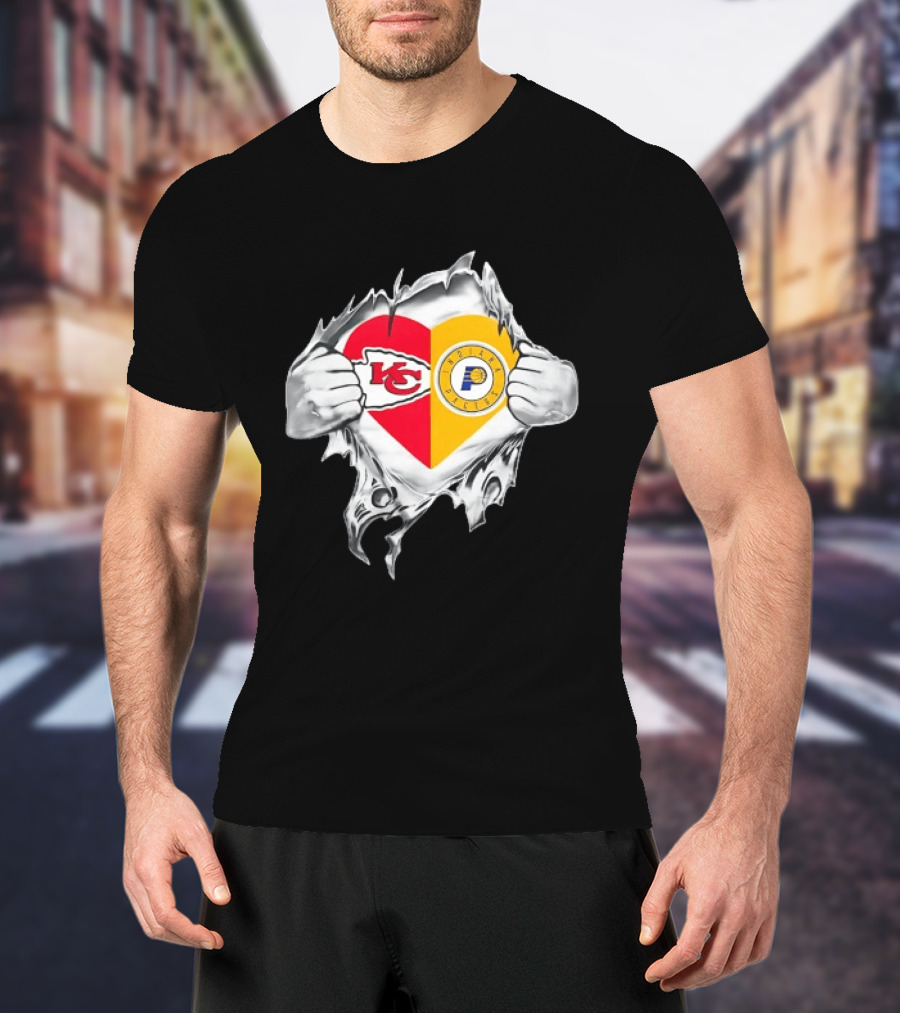 Kansas City Chiefs Indiana Pacers Heart Torn Open T-Shirt