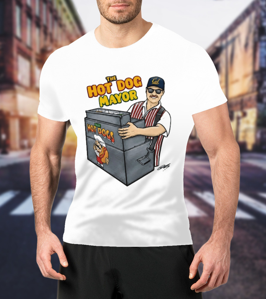 The Hot Dog Mayor Vendor With Cal Hat And Hot Dogs Cart T-Shirt
