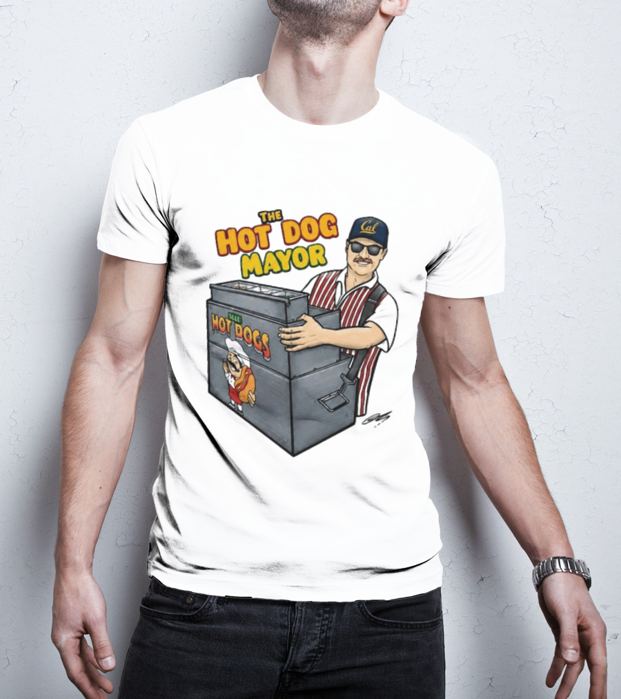 The Hot Dog Mayor Vendor With Cal Hat And Hot Dogs Cart T-Shirt