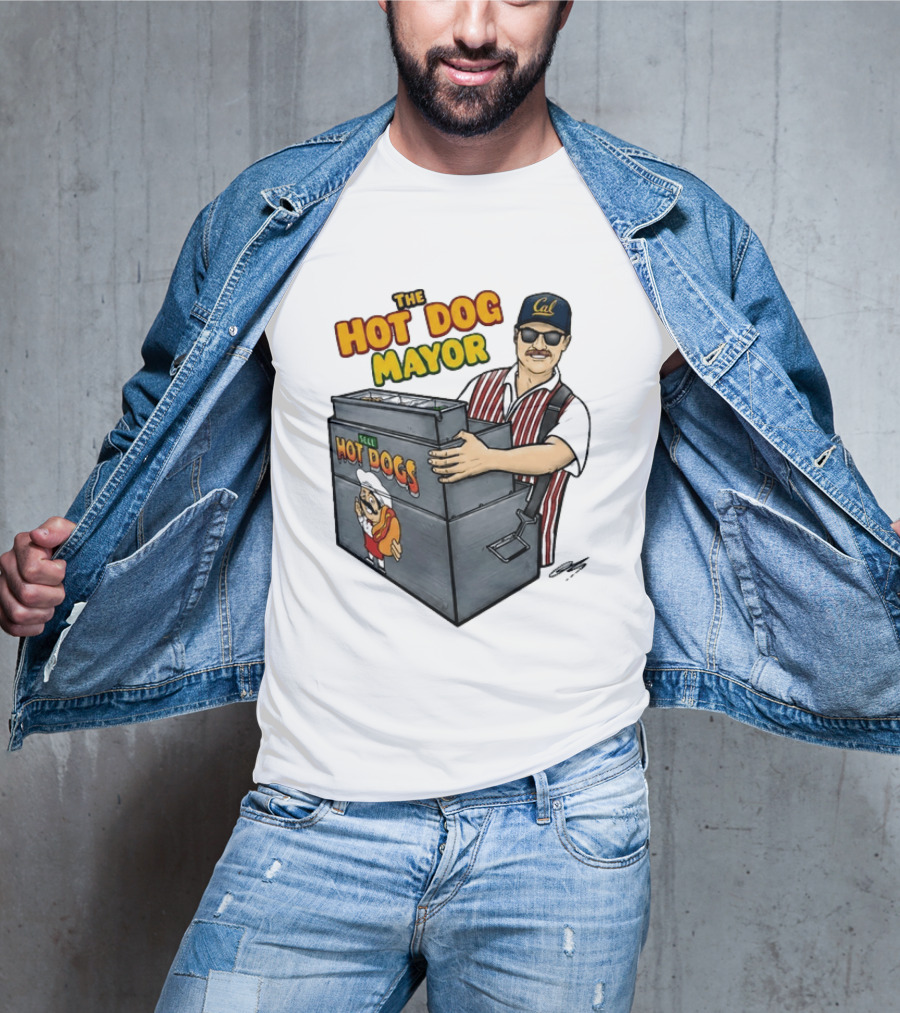 The Hot Dog Mayor Vendor With Cal Hat And Hot Dogs Cart T-Shirt