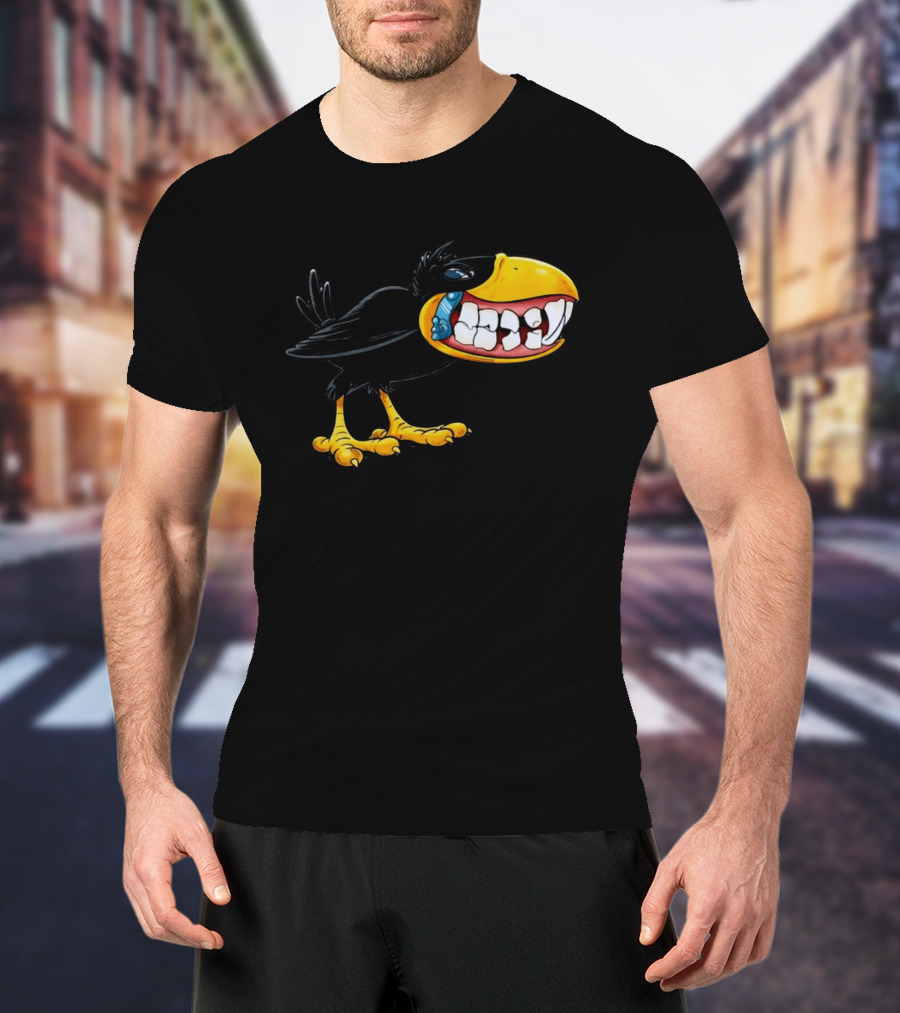Crow With Huge Teeth Cartoon Blue Phone Green T-Shirt