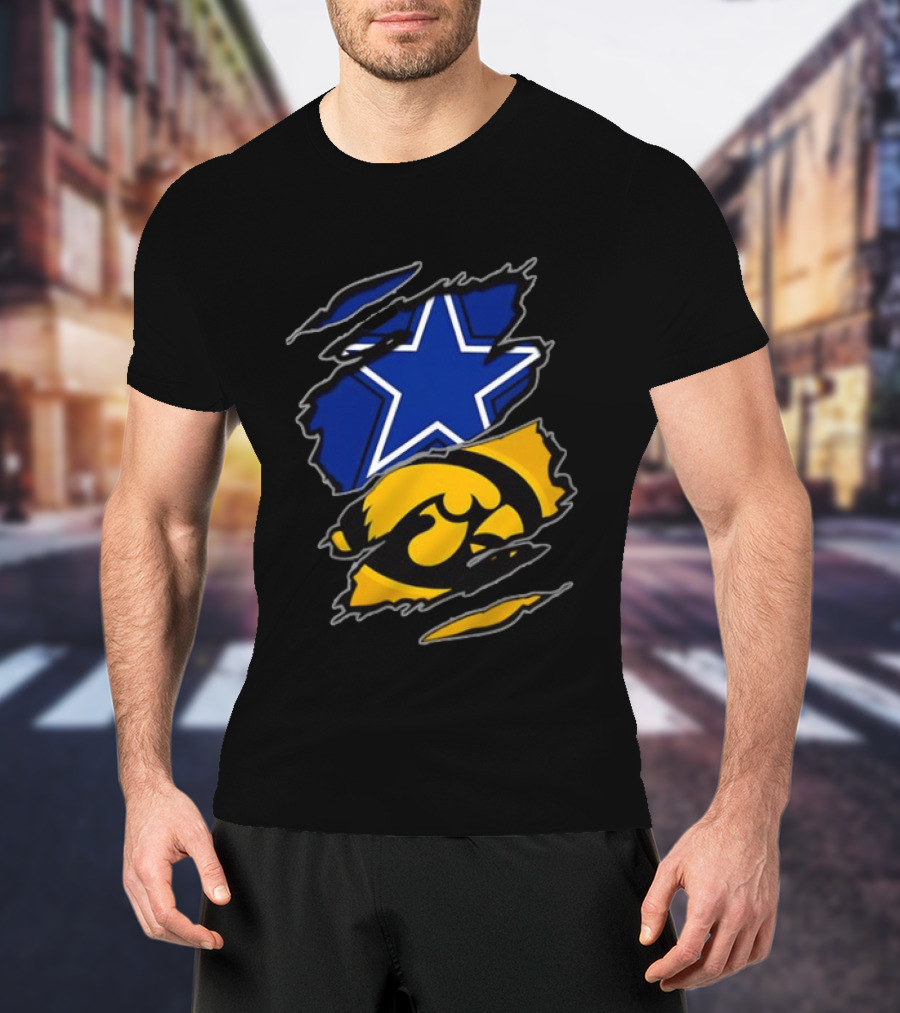 Dallas Cowboys Star And Iowa Hawkeyes Ripped Logo Sports Fan Gear T-Shirt