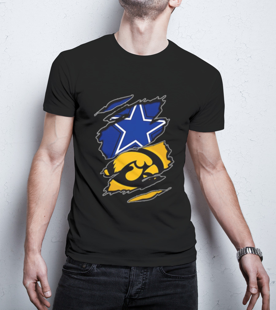 Dallas Cowboys Star And Iowa Hawkeyes Ripped Logo Sports Fan Gear T-Shirt