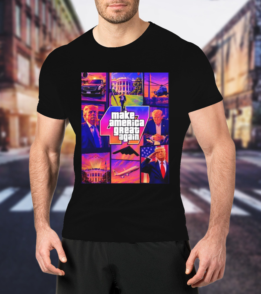 Make America Great Again GTA 47 Parody Trump White House Military Aircraft Montage T-Shirt