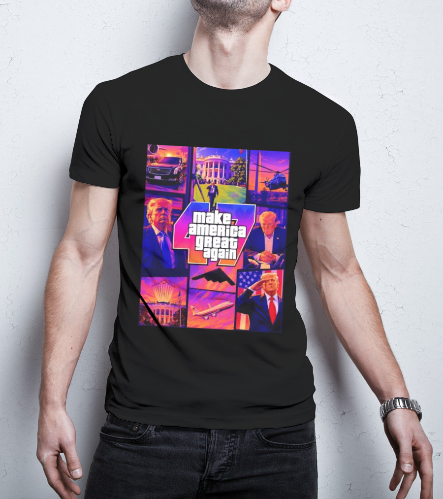 Make America Great Again GTA 47 Parody Trump White House Military Aircraft Montage T-Shirt