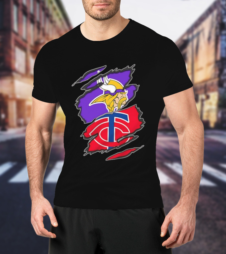 Minnesota Vikings Minnesota Twins Iconic Team Collaboration Ripped T-Shirt