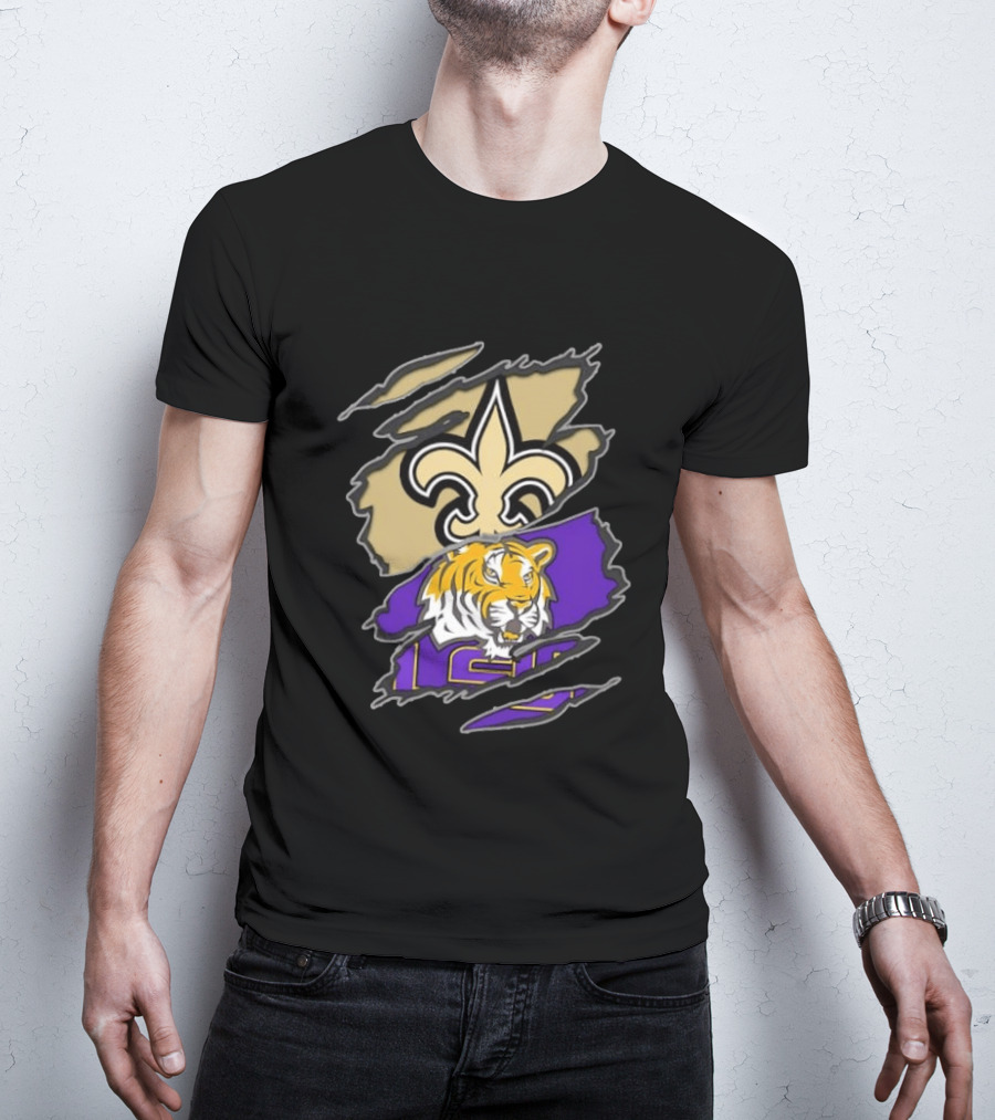 New Orleans Saints LSU Tigers Football Louisiana Logos Ripped T-Shirt
