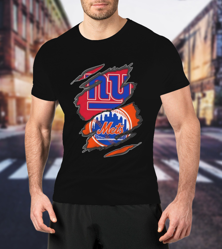 New York Giants New York Mets Ripped Reveal Football Baseball T-Shirt
