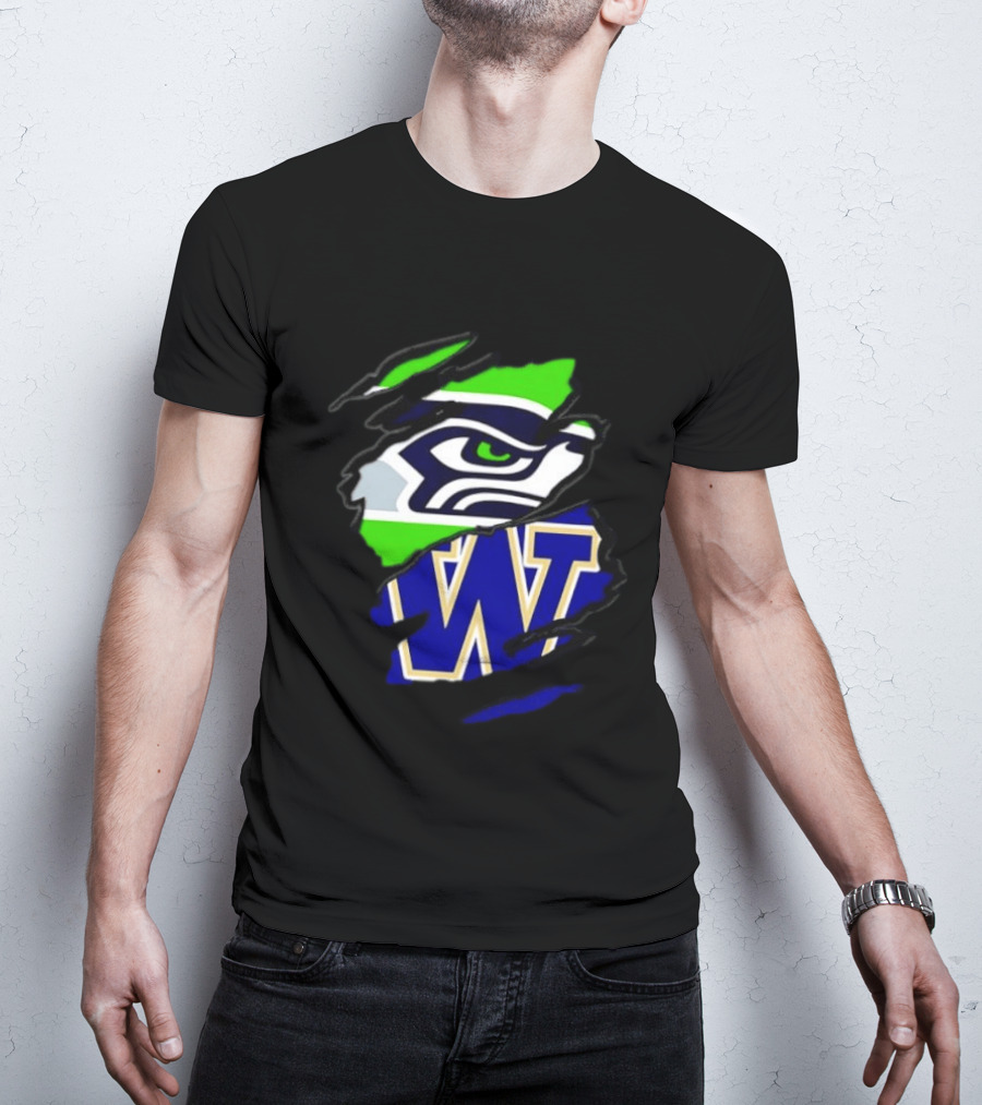Seattle Seahawks Washington Huskies Ripped Through Logos T-Shirt
