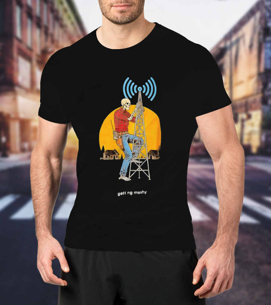 Skeleton Climbing Tower With Radio Waves Retro Scene T-Shirt