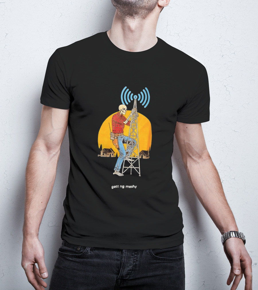 Skeleton Climbing Tower With Radio Waves Retro Scene T-Shirt
