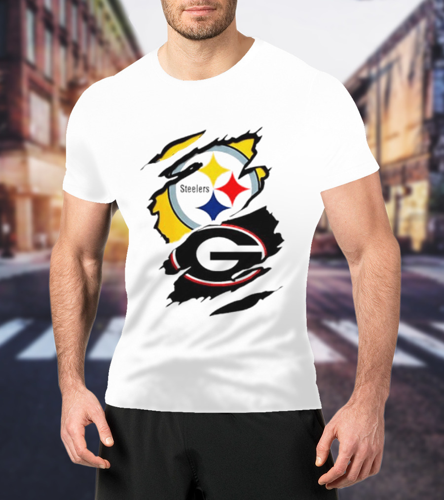 Pittsburgh Steelers Georgia Bulldogs NCAA Football Ripped Torn Effect T-Shirt