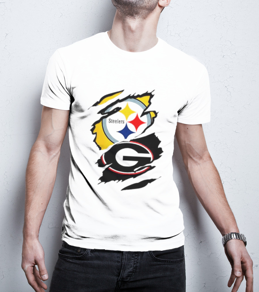 Pittsburgh Steelers Georgia Bulldogs NCAA Football Ripped Torn Effect T-Shirt