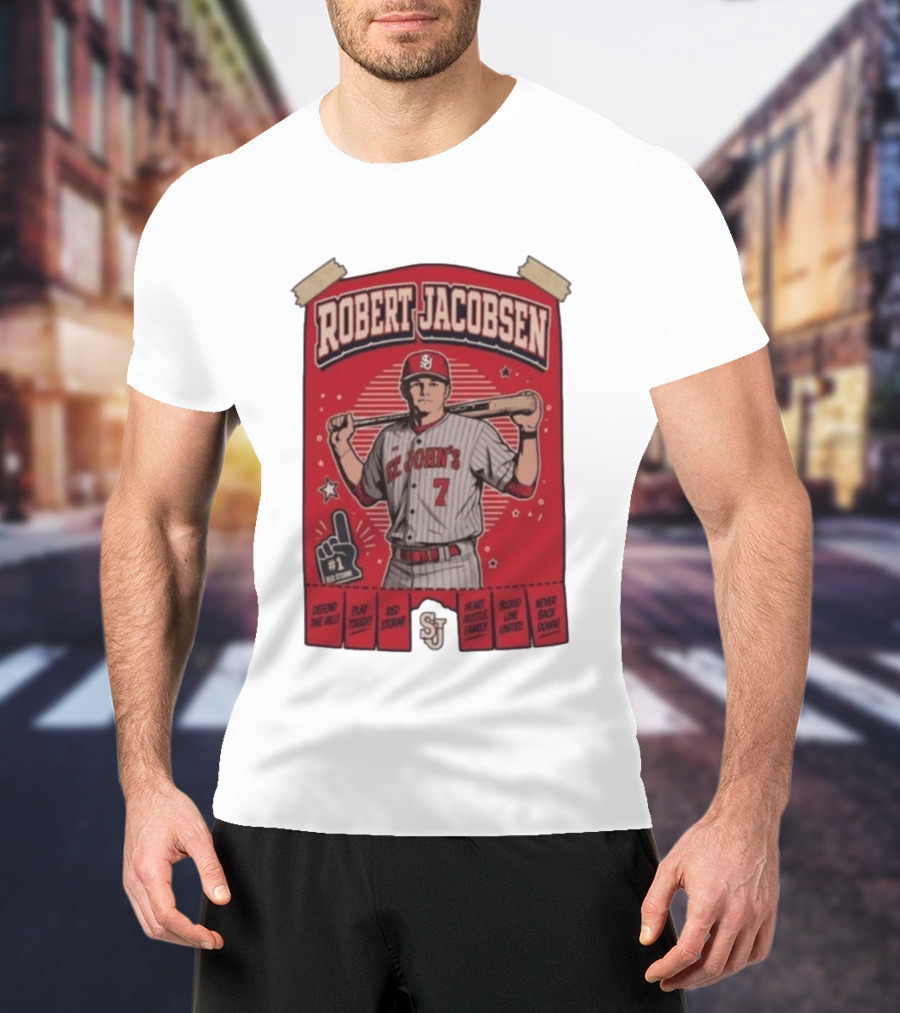 Robert Jacobsen St John's 7 Red Storm Defend The Hill Play Tough Blood Line United T-Shirt