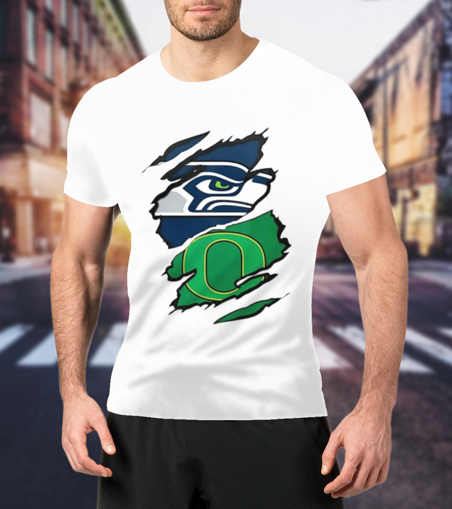 Seattle Seahawks Oregon Ducks Ripped Skin Effect NFL College Team Spirit T-Shirt