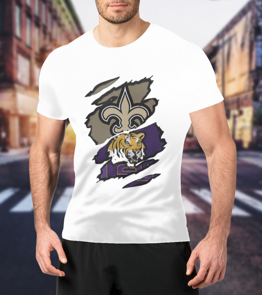 New Orleans Saints LSU Tigers Beneath The Surface Fleur De Lis Tiger Split T-Shirt