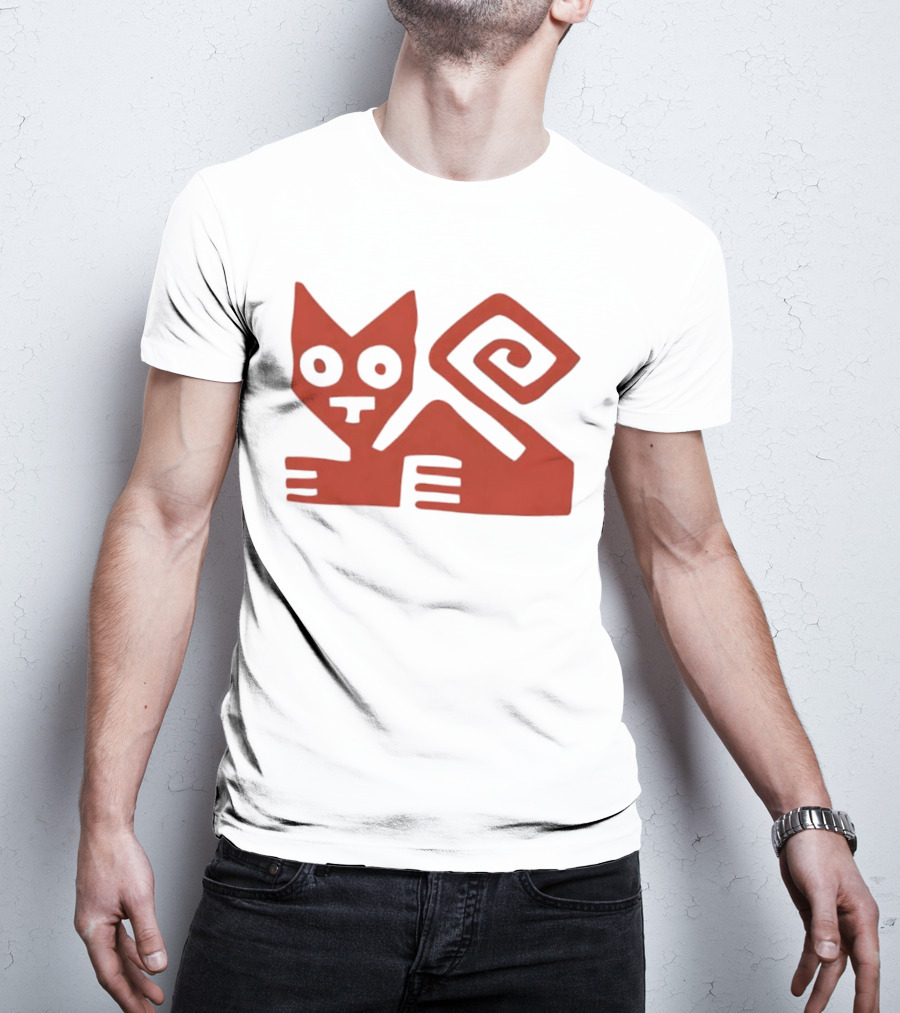 Peruvian Cat Nazca Lines Style Geometric Red T-Shirt