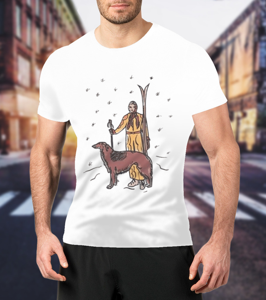 Woman Skiing With Borzoi Dog In Winter Sports Scene T-Shirt