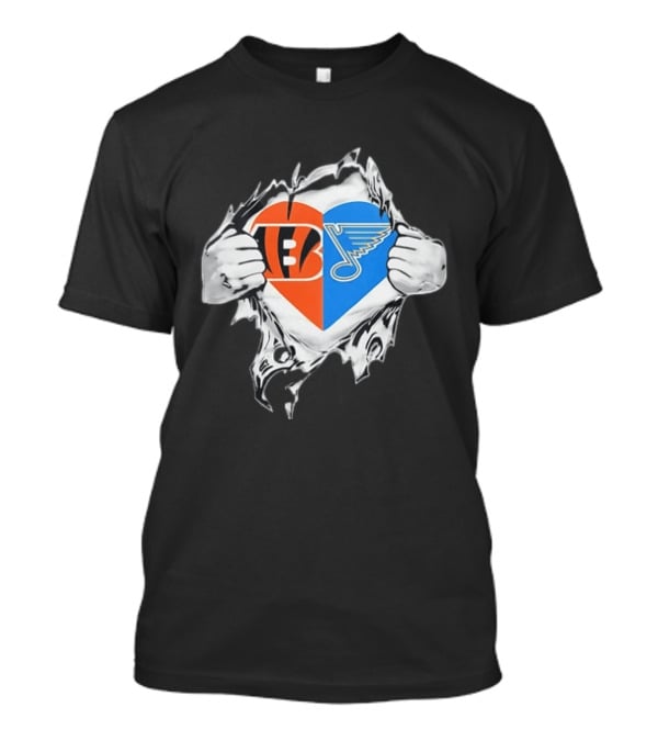 Bengals Blues Tattered Heart Shape Split Symbol With Hands T-Shirt