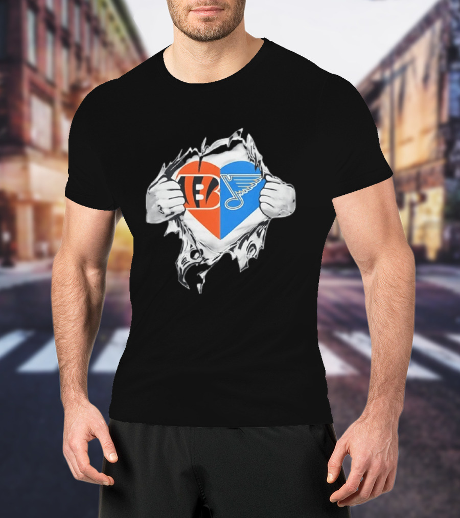 Bengals Blues Tattered Heart Shape Split Symbol With Hands T-Shirt