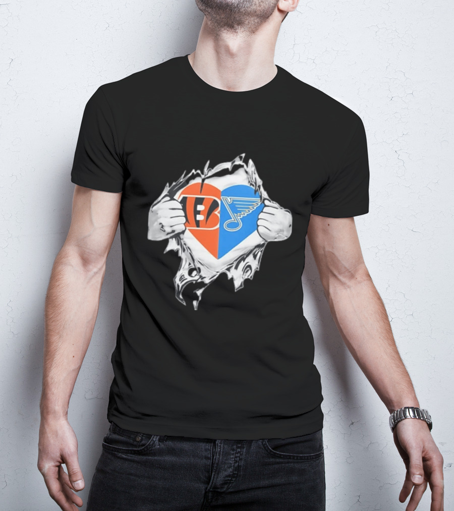 Bengals Blues Tattered Heart Shape Split Symbol With Hands T-Shirt