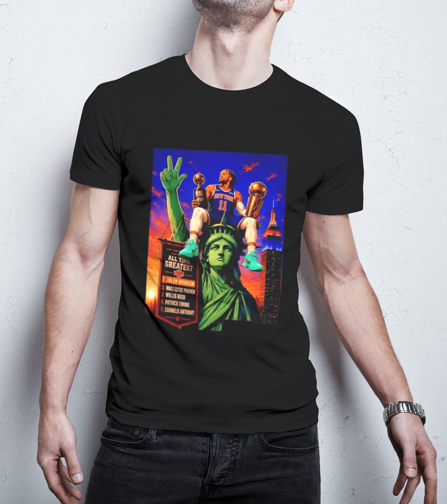 Jalen Brunson New York Knicks All Time Greatest List Liberty Statue T-Shirt