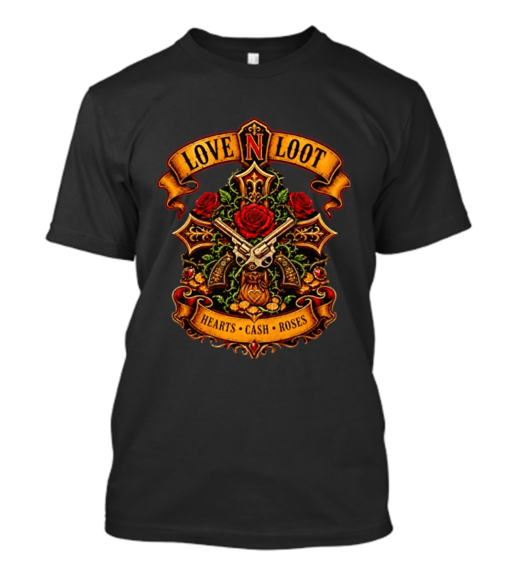 Love N Loot Hearts Cash Roses Guns And Flowers Cross Emblems T-Shirt
