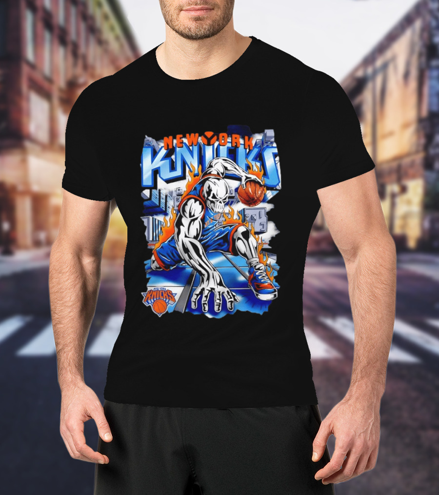 New York Knicks NBA Basketball Skull Player And City Flames T-Shirt