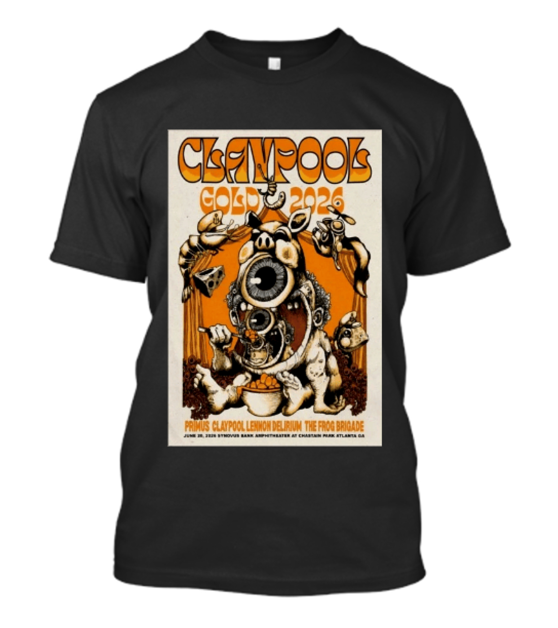 Les Claypool Gold 2026 Primus Delirium Frog Brigade June 20 Synovus Bank Amphitheater Atlanta T-Shirt