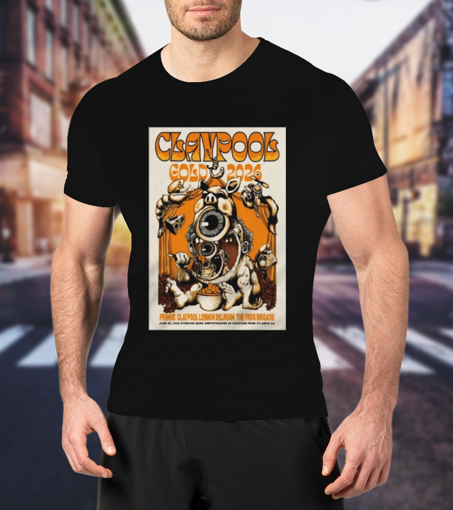 Les Claypool Gold 2026 Primus Delirium Frog Brigade June 20 Synovus Bank Amphitheater Atlanta T-Shirt