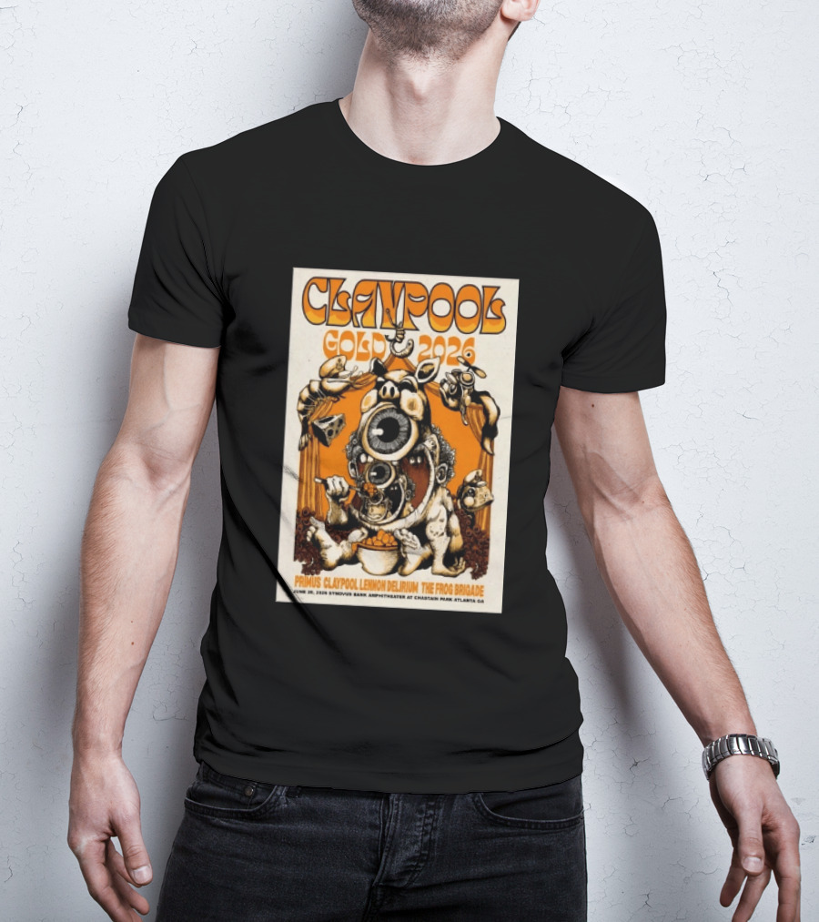Les Claypool Gold 2026 Primus Delirium Frog Brigade June 20 Synovus Bank Amphitheater Atlanta T-Shirt