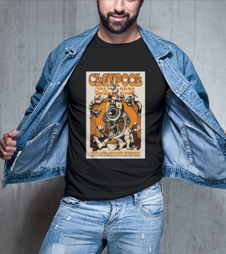 Les Claypool Gold 2026 Primus Delirium Frog Brigade June 20 Synovus Bank Amphitheater Atlanta T-Shirt