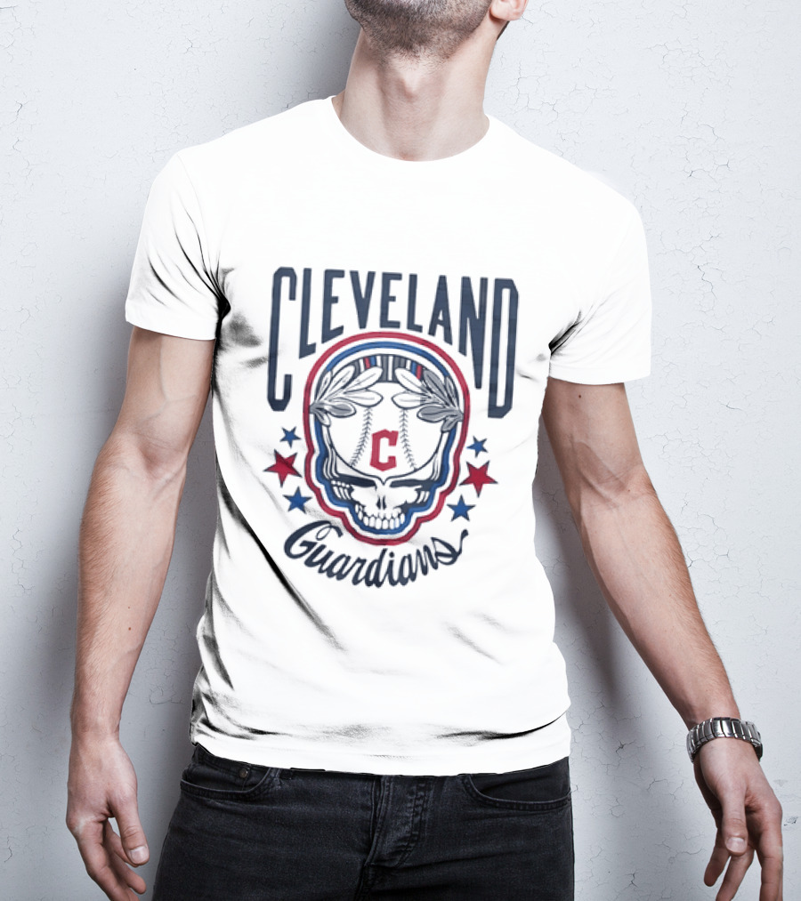 Cleveland Guardians Skull Baseball Laurel Wreath Stars T-Shirt