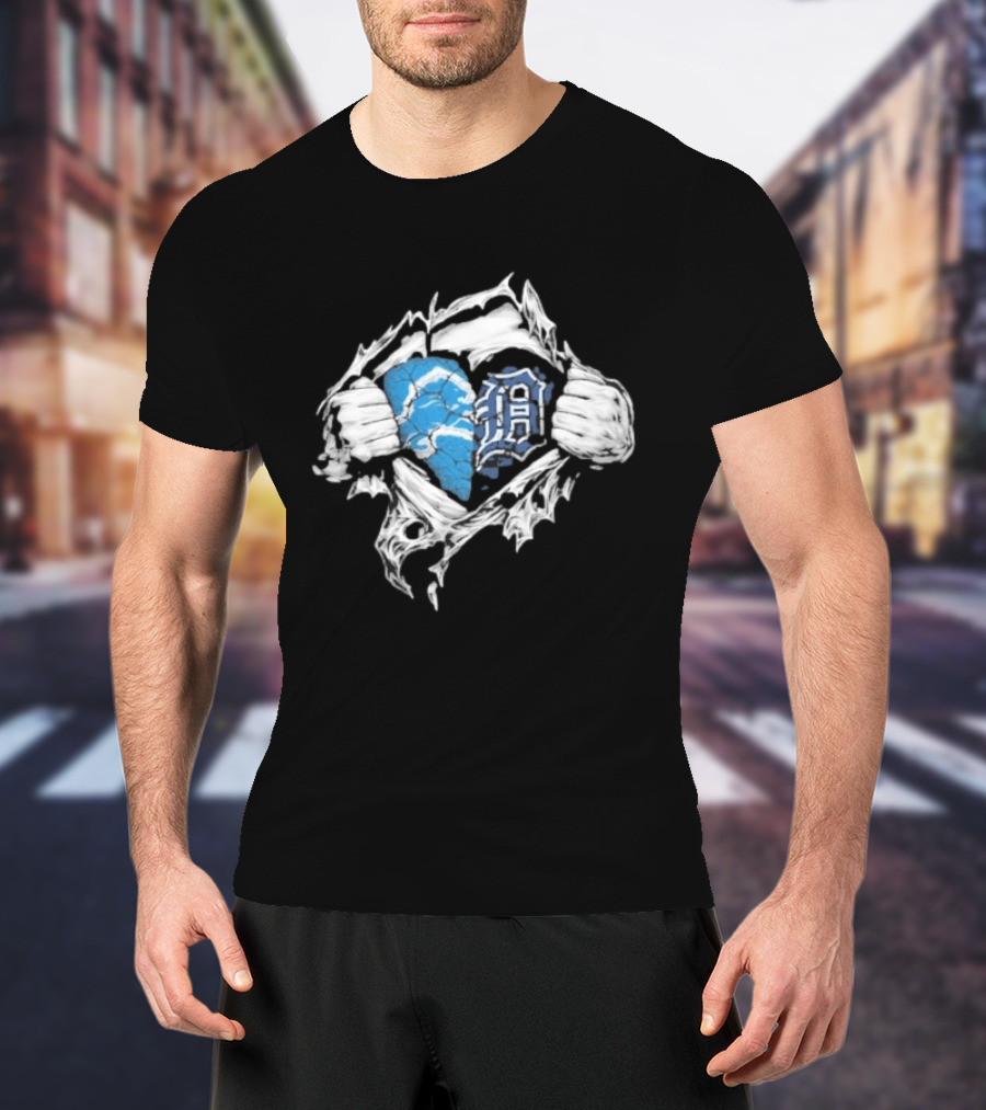 Detroit Lions Tigers Heart Ripped Design Collaboration Sports Fandom T-Shirt