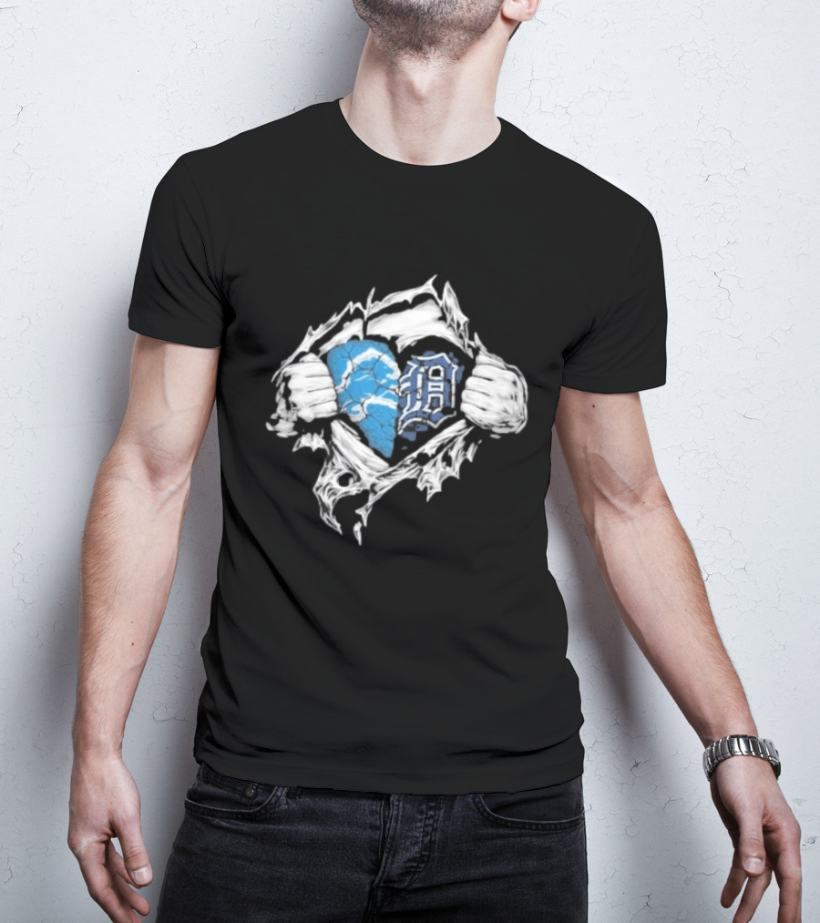 Detroit Lions Tigers Heart Ripped Design Collaboration Sports Fandom T-Shirt