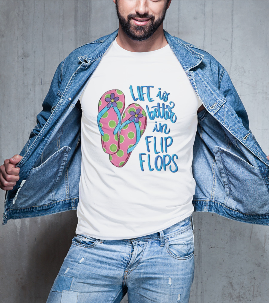 Life Is Better In Flip Flops With Pink Polka Dot And Blue Flower Sandals T-Shirt