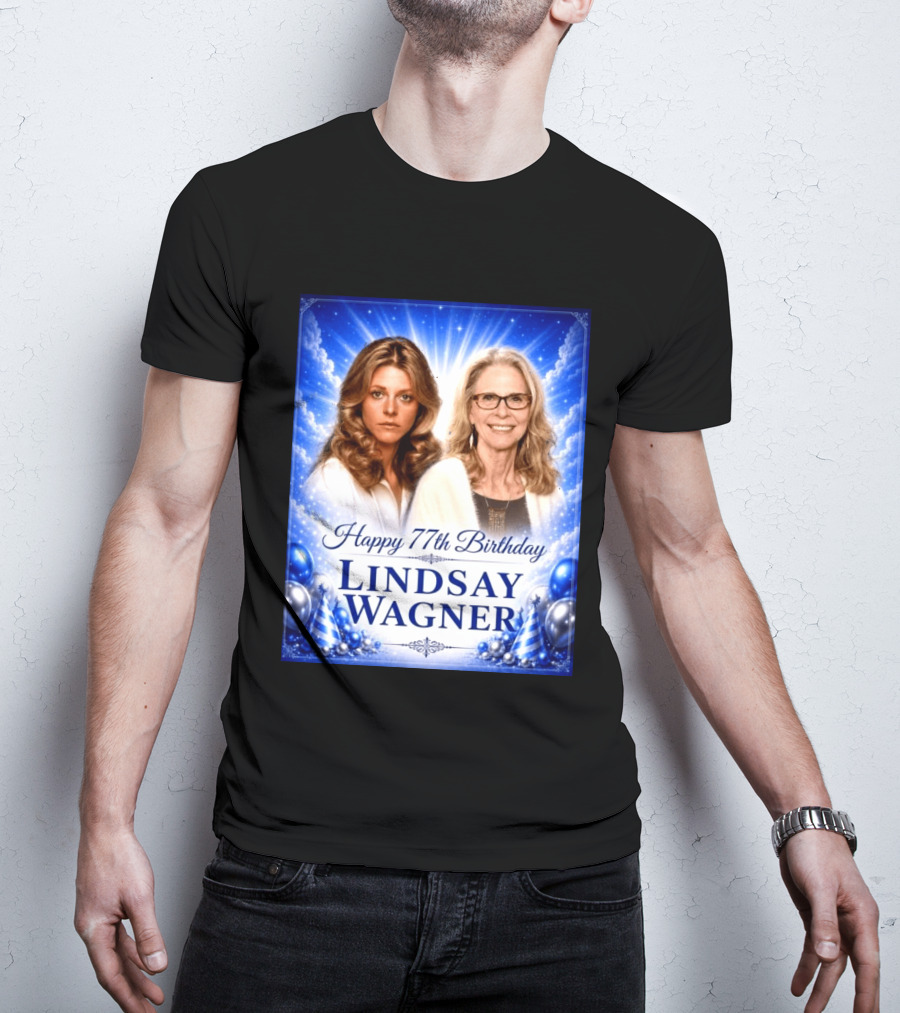 Happy 77th Birthday Celebration Lindsay Wagner Blue Party Balloons T-Shirt