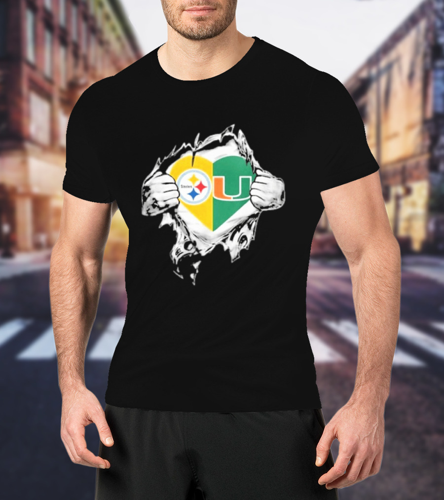 Steelers Miami Hurricanes Heart In My DNA Hands Football Fan Pride T-Shirt