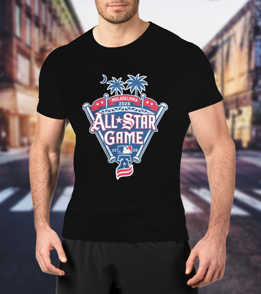 MLB All Star Game Philadelphia 2026 Palm Trees Baseball Bat Logo Night Skyline T-Shirt