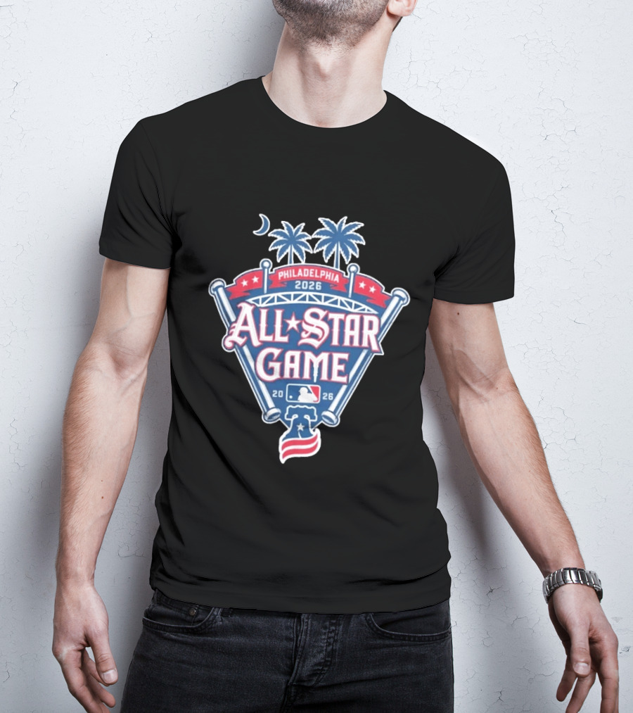 MLB All Star Game Philadelphia 2026 Palm Trees Baseball Bat Logo Night Skyline T-Shirt