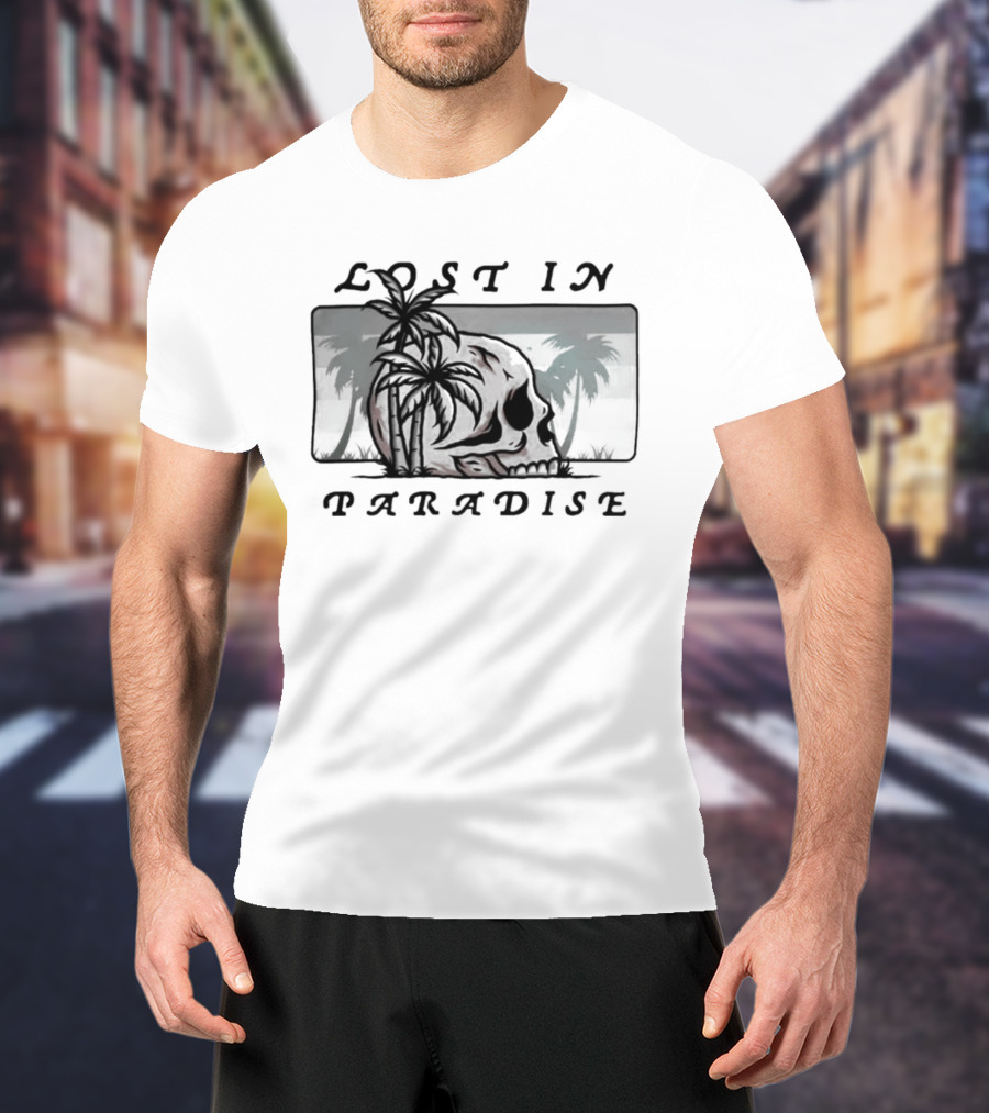 Lost In Paradise Palm Tree Skull And Beach Scene T-Shirt
