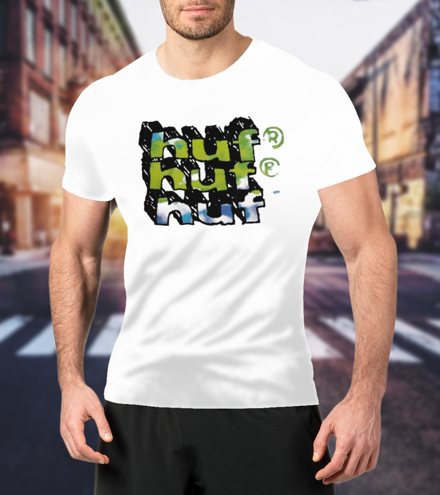 Huf Hand Stacked Triple Logo Green Blue Black T-Shirt