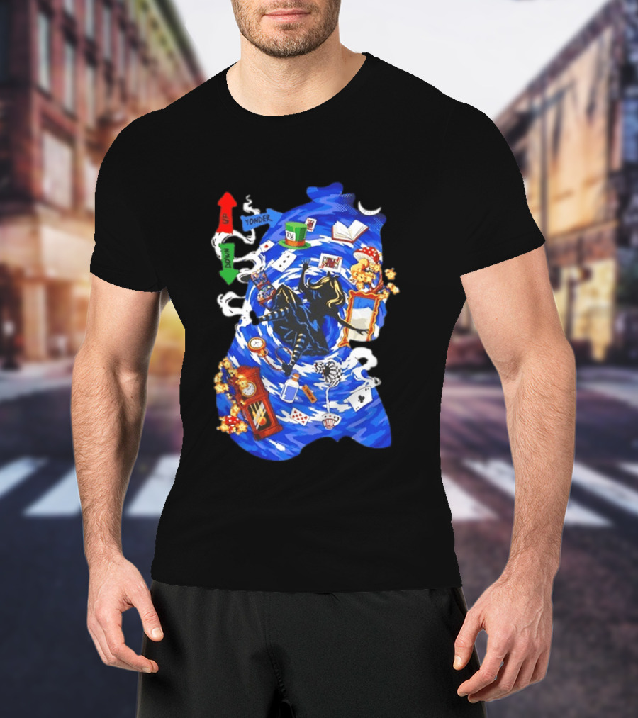 Alice In Wonderland Through The Rabbit Hole Down Yonder With Wonderland Icons And Vortex T-Shirt